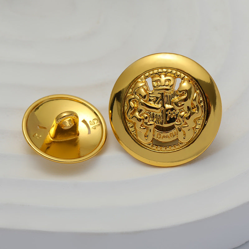 Gold lion crest button with smooth face and back shank loop mount