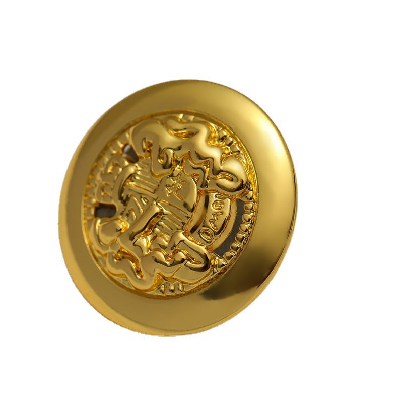 Vintage gold metal button with hollow lion crest relief, 15–20mm