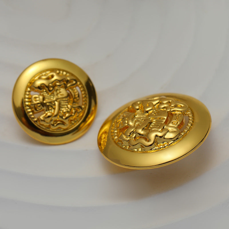 Gold double lion hollowed button with raised crest medallion detail