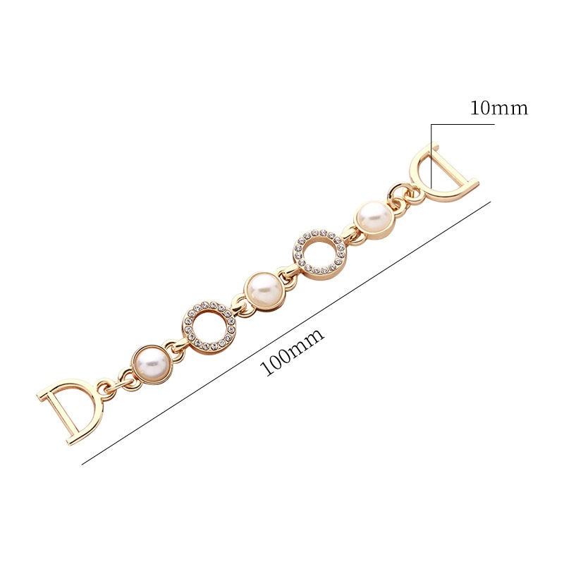 Gold pearl rhinestone chain buckle, 100mm length and 10mm clasp height, front view