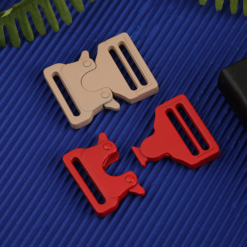 Khaki and red adjustable backpack metal buckles with sliding bars and clips