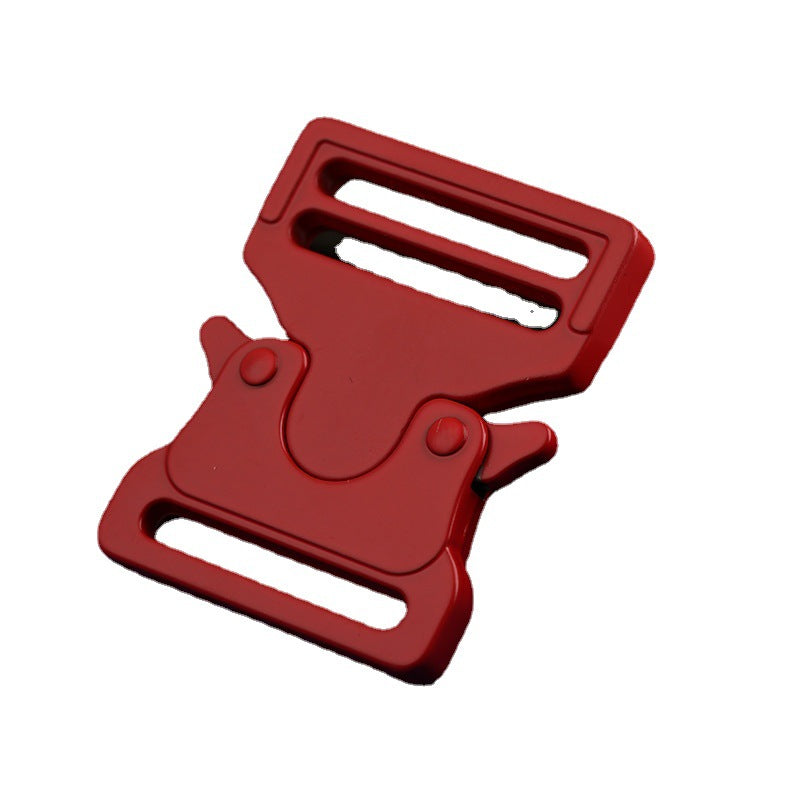 Red adjustable backpack metal buckles with sliding bars and snap-side clips