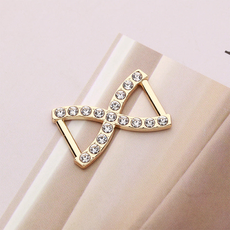 Gold rhinestone shoe scarf buckle, triangular open frame with sparkle stones