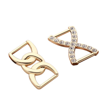 Gold metal shoe scarf buckle set with clear rhinestones, heart-like D shape