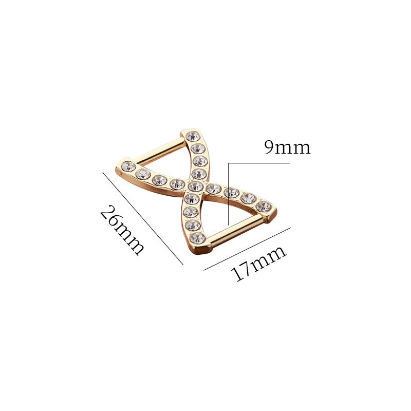 Rhinestone shoe scarf buckle in gold metal, triangular D-shape with 9mm marking