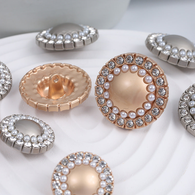 Gold- and silver-tone round pearl rhinestone buttons with metal back sides
