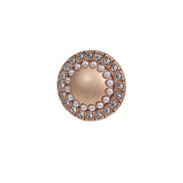 Round decorative metal button, gold-tone rim, faux pearls and rhinestone border