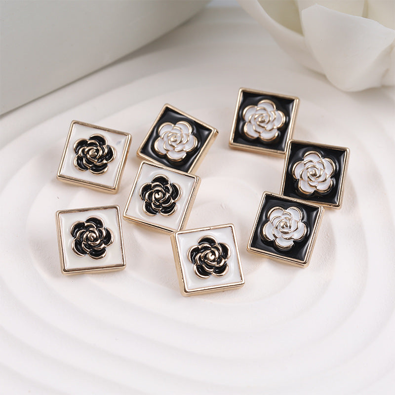 15mm square buttons, black background with white camellia painted metal (12-pack)