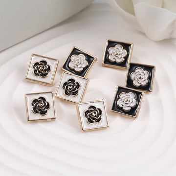 15mm square buttons, black background with white camellia painted metal (12-pack)