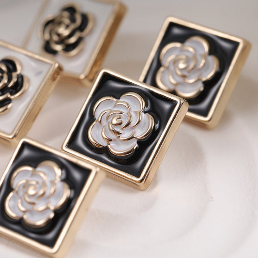 15mm Square Black and White Camellia Painted Metal Button 12 Pack