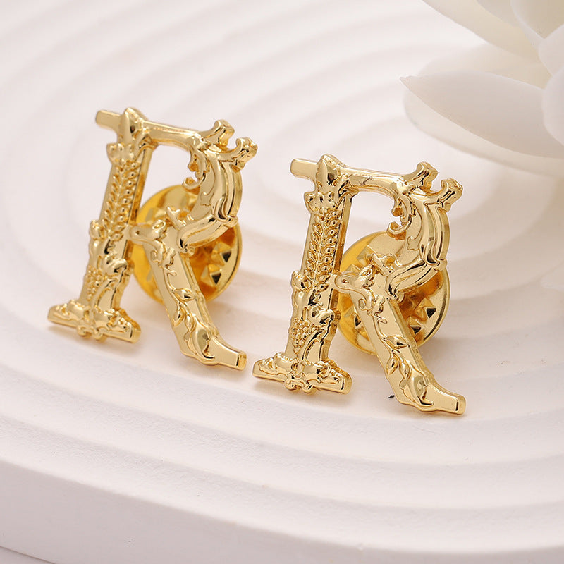 Metall-Brosche Buchstabe R, Goldfarbenes Set von zwei Anstecknadeln