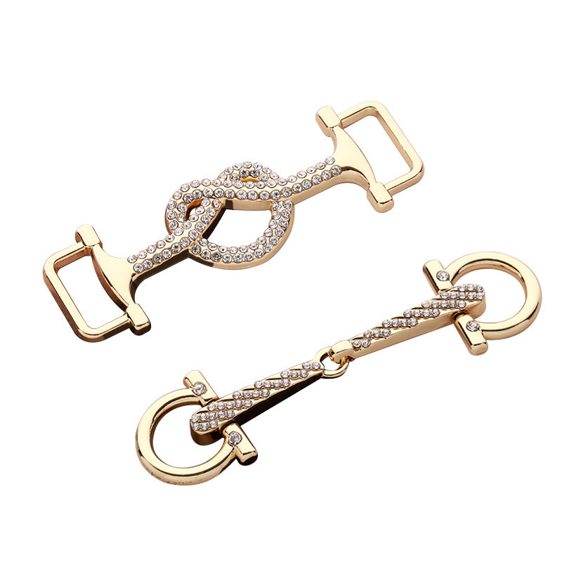 Heart decorative buckle set, gold-tone metal with clear rhinestones, 2pcs