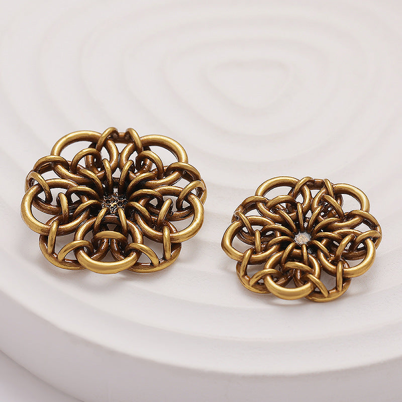 Retro Gold Linked Rings Flower Shape Hand-Sewn Metal Button 5pcs Antique Gold