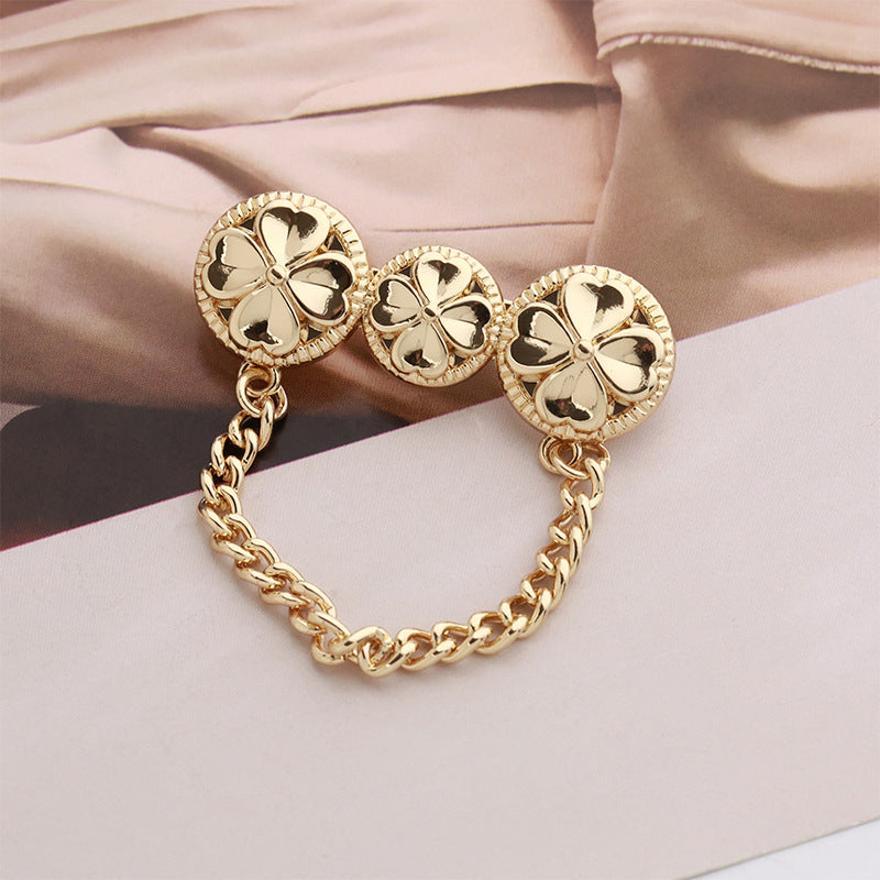 Gold-tone chain brooch pin with three four-leaf clover discs (2-pack)