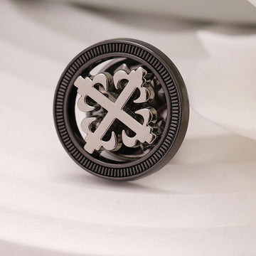 Set of 10 black hollow cross metal brooches, textured rim, front view