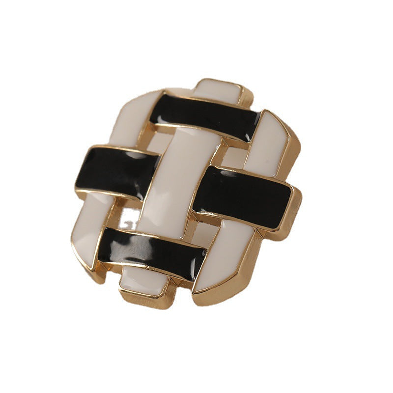 24mm retro grid hollow metal button, black and white enamel with gold-tone edges