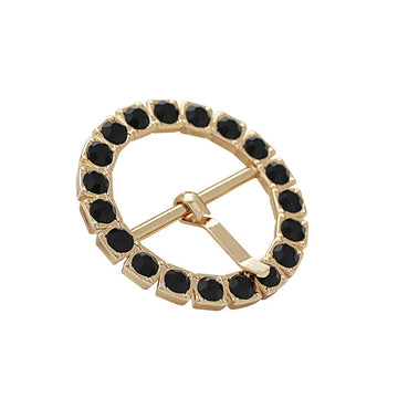 66mm gold gear-shaped metal buckle with black round stones, front view