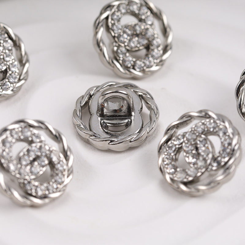 11mm Double Rings Diamonds Silver Metal Fashion Button 10pcs