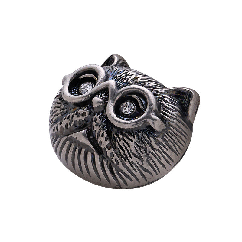 Cat-head decorative button, metallic silver with novelty glasses and rhinestone gems