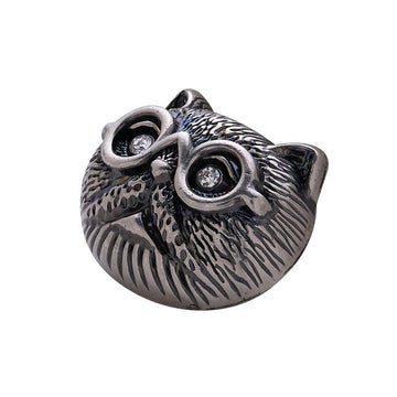 Cat-head decorative button, metallic silver with novelty glasses and rhinestone gems