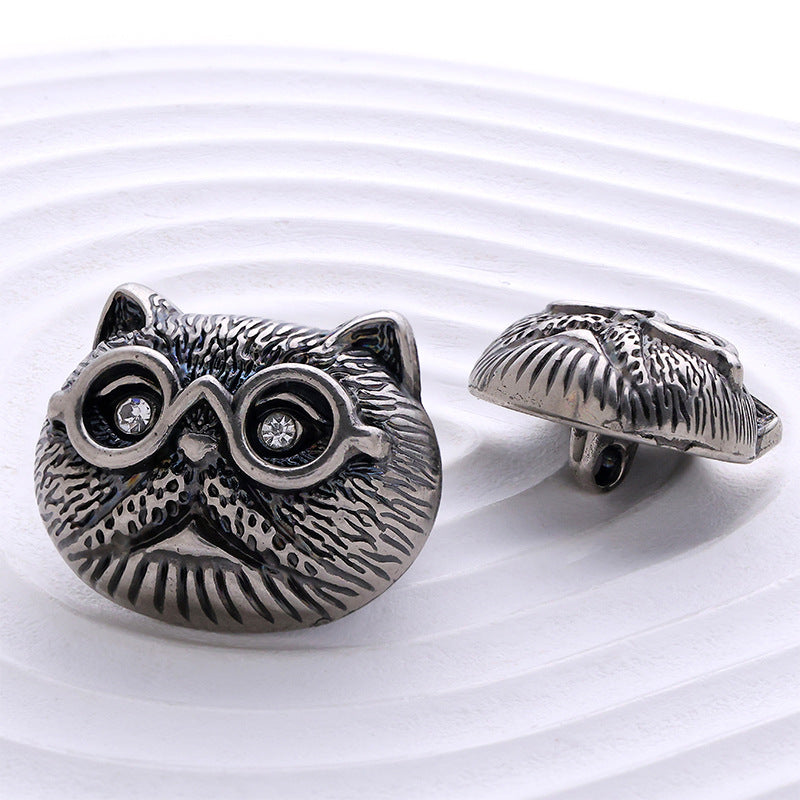 Cartoon cat-head buttons with glasses; includes side view showing metal pin backing
