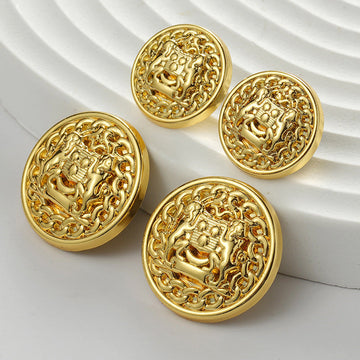 Golden round coat buttons with double lion motif, metal, sewn, 12‑pack