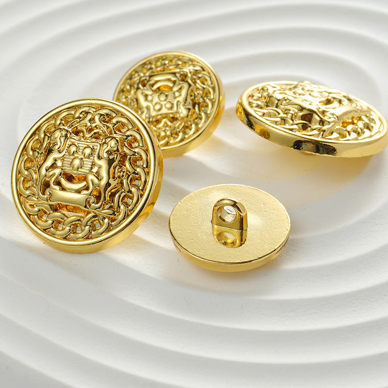 Golden round coat buttons: lion medallion front and flat back with sewing loop