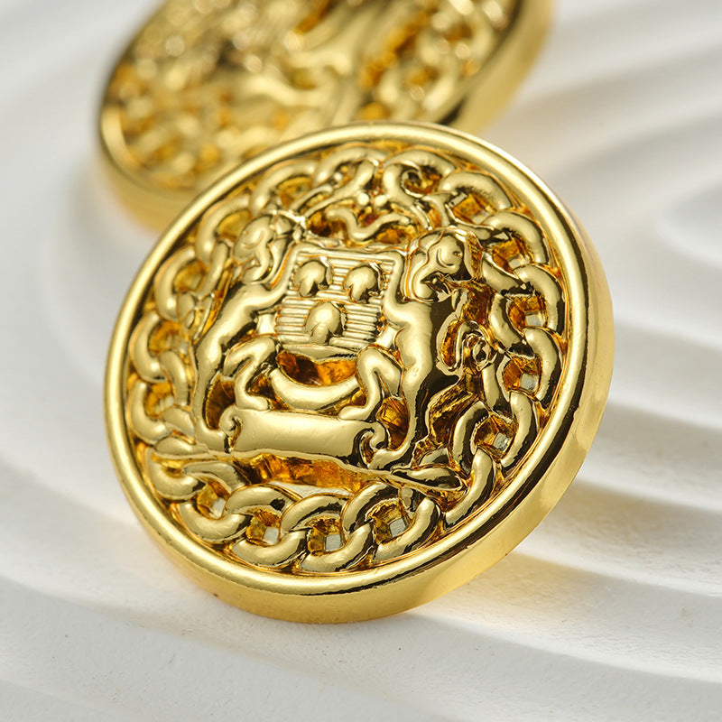 Golden lion-motif coat button, round metal medallion with raised chain border