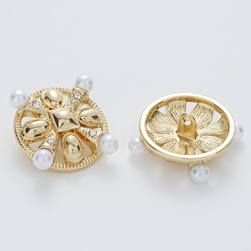 23mm Diamond-Inlaid Pearl Hollow Floral Sewing Metal Button 5pcs