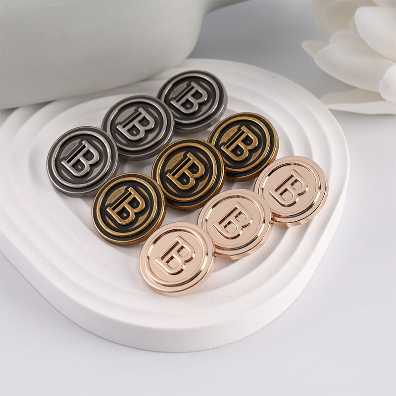 Round vintage metal sewing button set with letter B, mixed metallic finishes