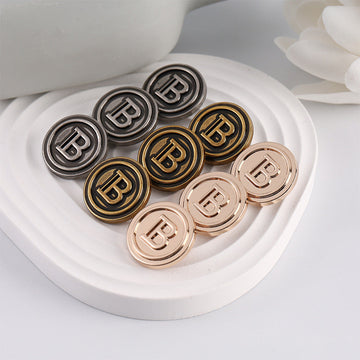 Round vintage metal sewing button set with letter B, mixed metallic finishes