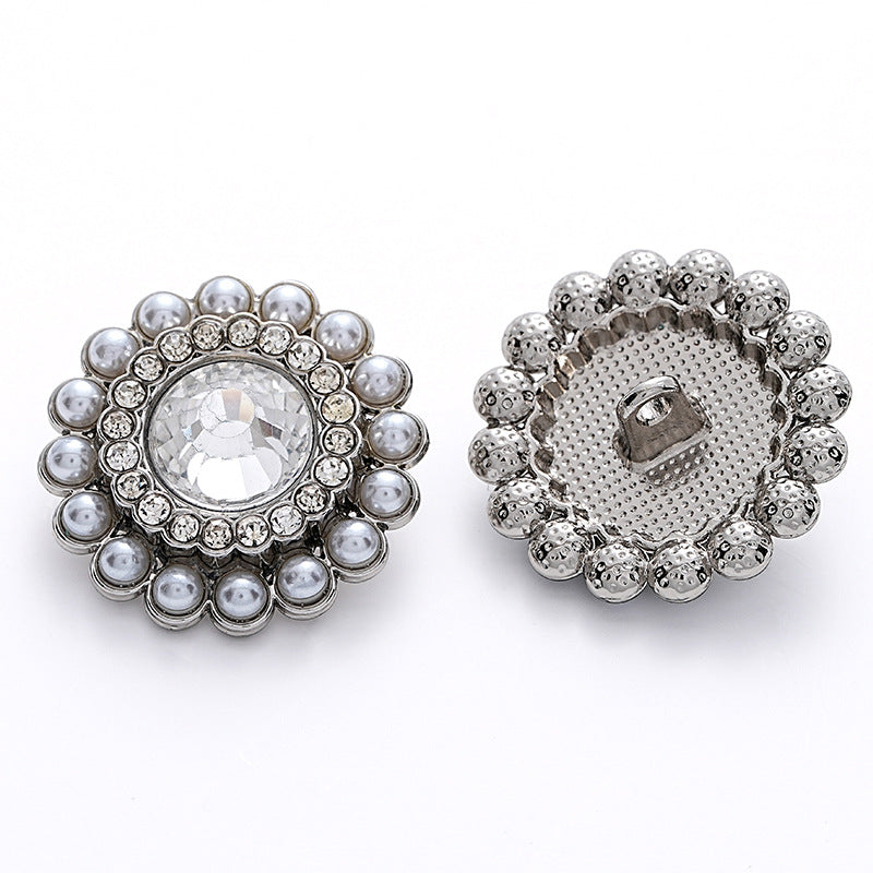 23mm Sunflower Shape Full Diamond Pearl Silver Metal Button 5pcs