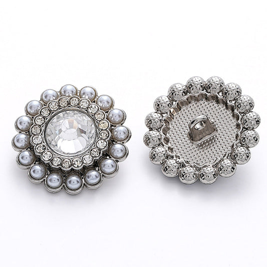 23mm Sunflower Shape Full Diamond Pearl Silver Metal Button 5pcs