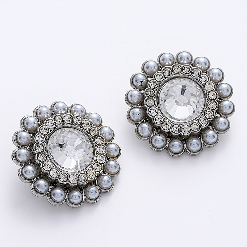 23mm Sunflower Shape Full Diamond Pearl Silver Metal Button 5pcs