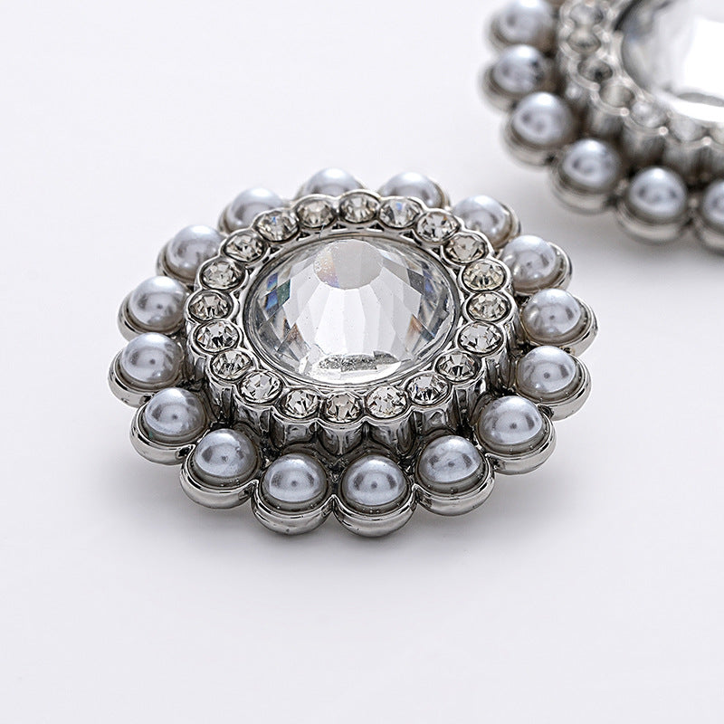 23mm Sunflower Shape Full Diamond Pearl Silver Metal Button 5pcs
