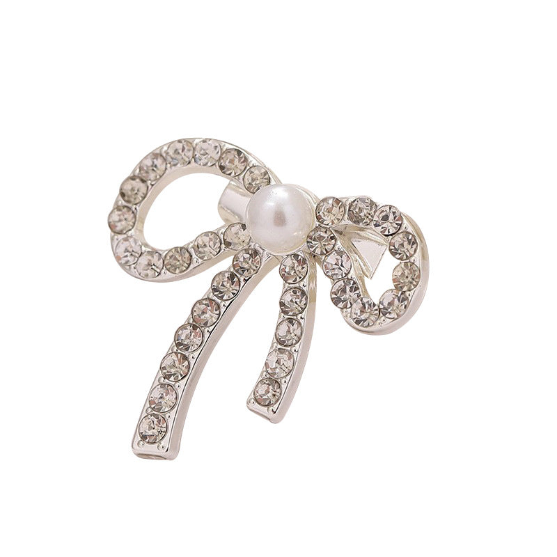 Bowknot rhinestone and pearl brooch pin for waist cinching, metal settings