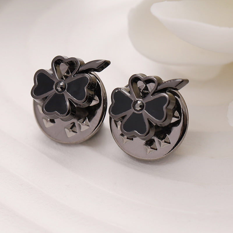 Dark-silver four-leaf flower metal brooches with black enamel petals and rhinestone