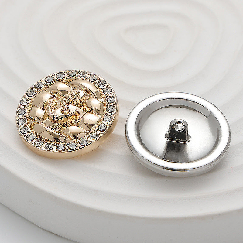 Gold rhinestone metal button front with silver back loop shank