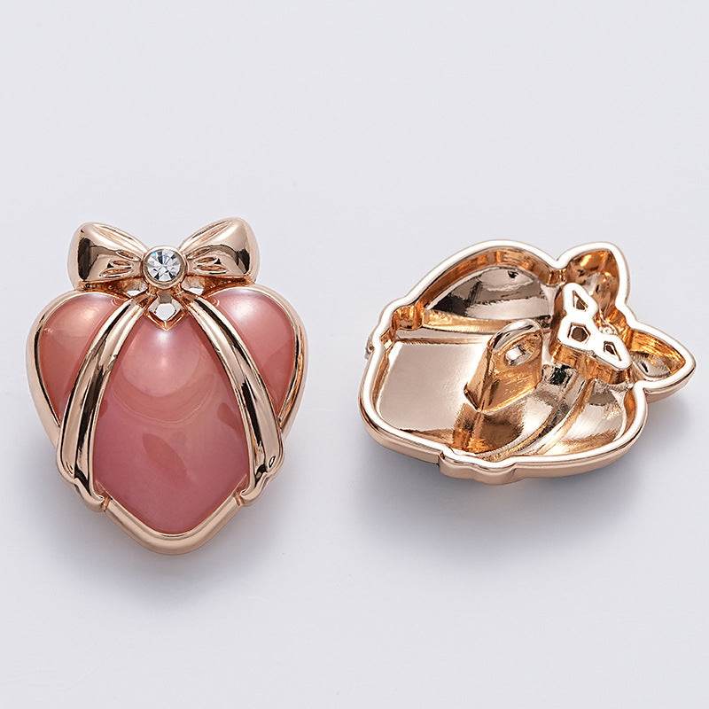 23mm pink heart metal button, butterfly-knot top, rhinestone center, 6pcs set