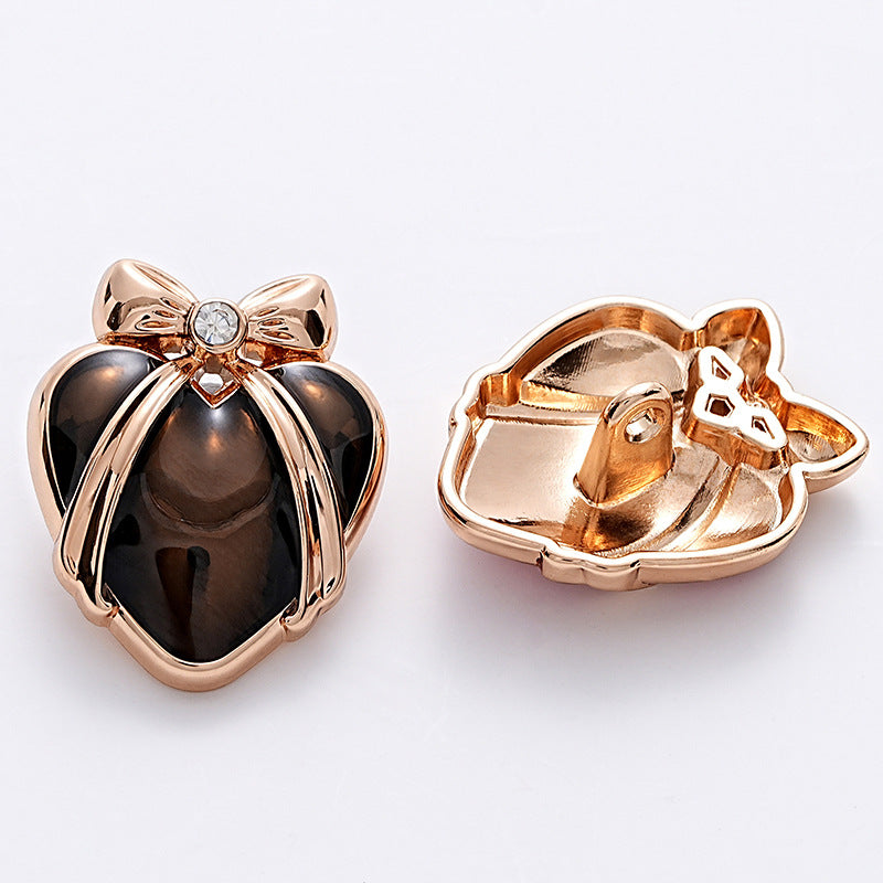23mm black heart metal button, butterfly-knot top, rhinestone center, 6pcs set