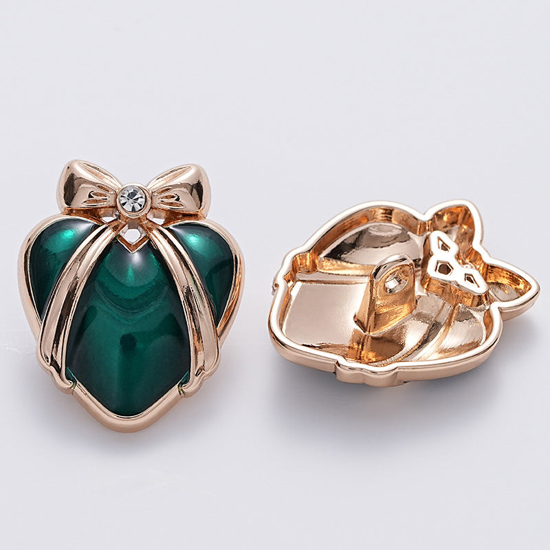 23mm green heart metal button, butterfly-knot, back view with clasp, 6pcs set