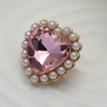 Pink heart diamond button with pearl trim and gold-tone metal edge