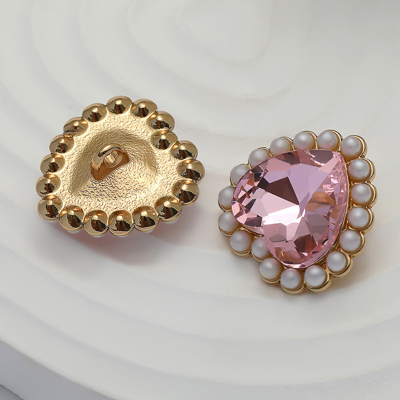 Pink heart crystal button, gold metal back with pearl border, 10pcs