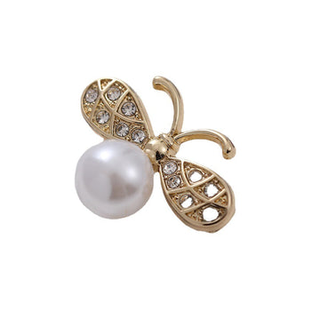 Gold bee-shaped pearl brooch with rhinestone body and large white pearl, set of 5