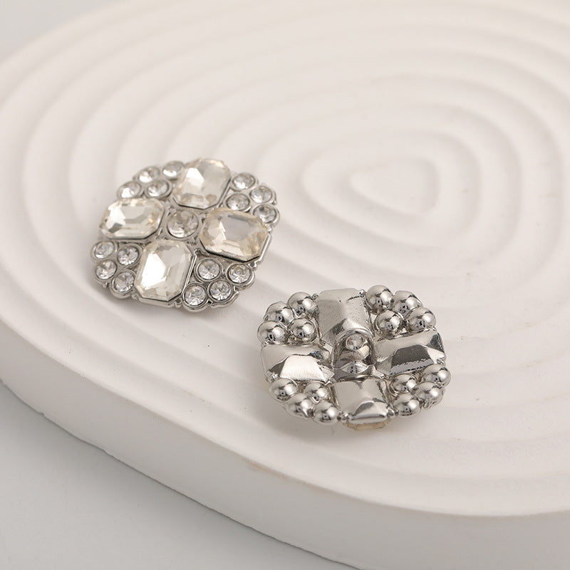 Set of square crystal diamond buttons with silver-tone bead-like border