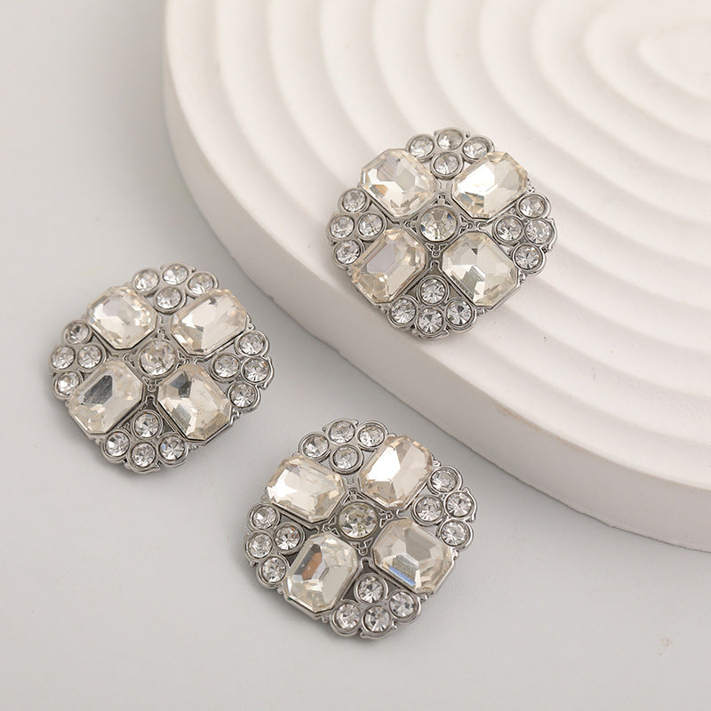 Three square crystal diamond buttons, silver-tone metal with faceted stones