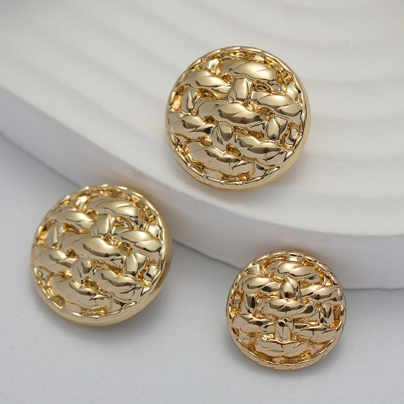 Gold round metal buttons (3-pack) with braided raised design, glossy finish
