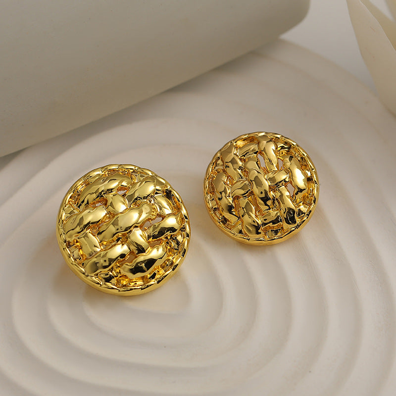 Gold round metal buttons (2) with braided raised pattern, reflective surface