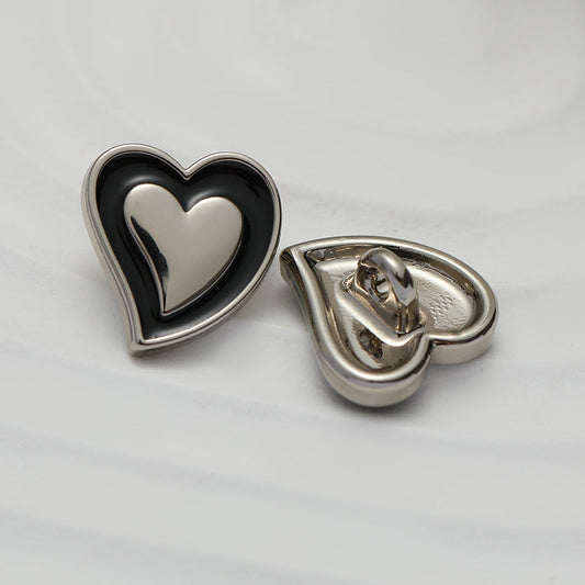11mm Heart-Shaped Black Oil-Dipped Silver Metal Button 20pcs