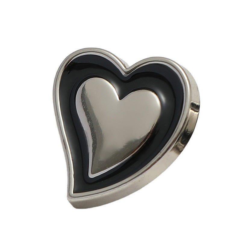 11mm heart-shaped metal button, black oil-dipped with silver-tone edge, 20pcs